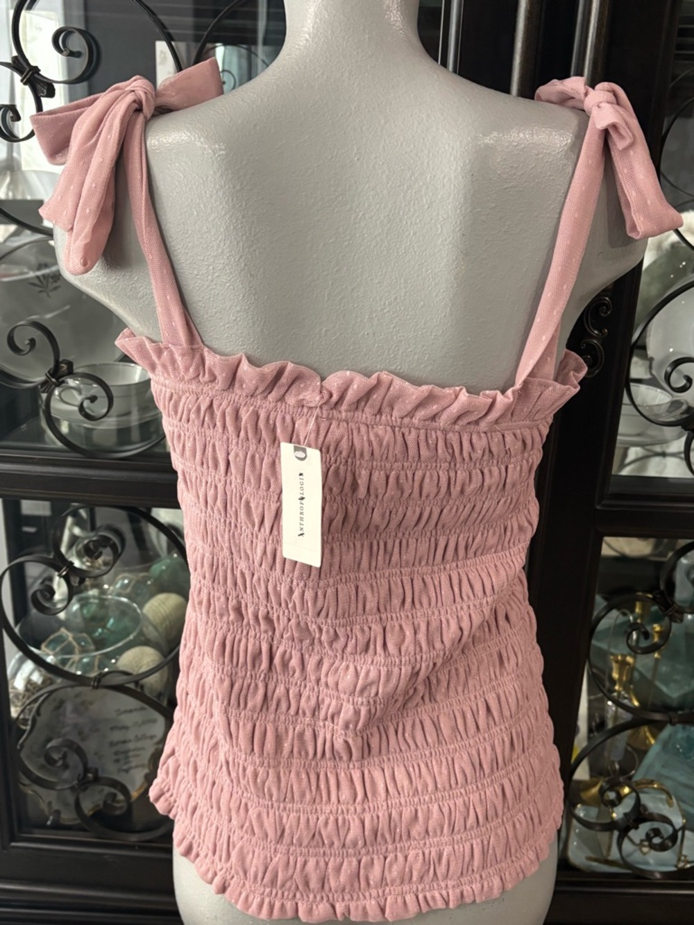 🌸 NWT | Anthropologie Smocked Tie Strap Tank Top Dusty Rose Size Large - Picture 7 of 12